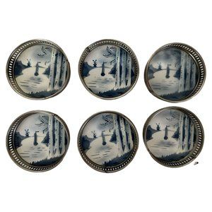 Delft Vintage Porcelain Blue Trees & Windmill Coasters w/Silver-Plate Rim ( 6 )
